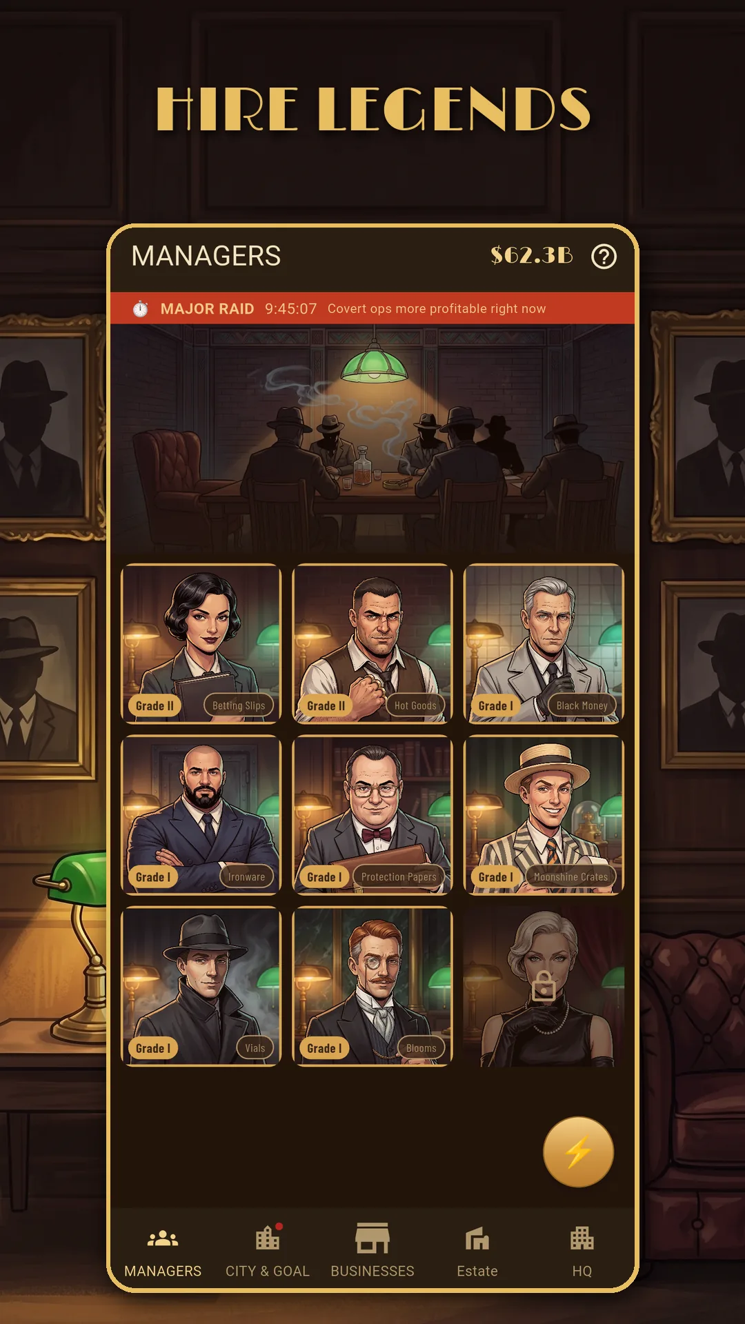 Hire legends. Manager overview: eight of nine managers unlocked, one still locked